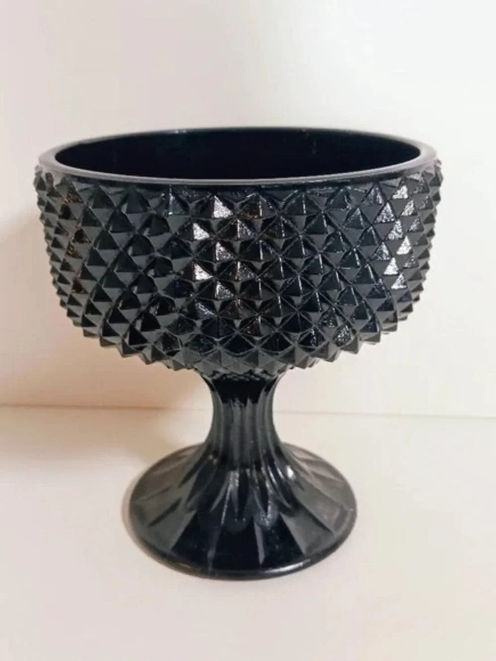 Vintage Indiana Glass Tiara Black Diamond Point Pedestal Compote Bowl Candy Dish